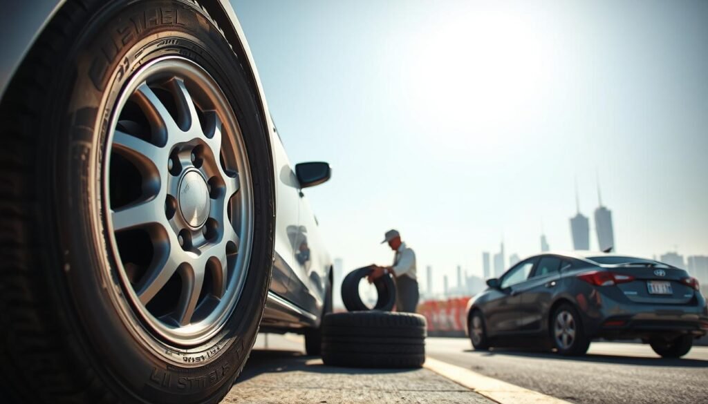 A sunny day in Kuwait, the desert heat radiating off the pavement. In the foreground, a well-equipped mobile tire repair service, its technicians skillfully changing a worn tire on a sedan. The vehicle's wheel is raised, exposing the intricate anatomy of the tire - the tread, sidewall, and steel belts. In the middle ground, the technician examines the tire, checking for damage and ensuring a proper fit. The background features a hazy cityscape, with towering skyscrapers and the iconic Kuwait Towers in the distance. The scene conveys the importance of proper tire maintenance in the challenging Kuwaiti climate, where extreme temperatures and shifting sands can take a toll on a vehicle's tires. A sunny day in Kuwait, the desert heat radiating off the pavement. In the foreground, a well-equipped mobile tire repair service, its technicians skillfully changing a worn tire on a sedan. The vehicle's wheel is raised, exposing the intricate anatomy of the tire - the tread, sidewall, and steel belts. In the middle ground, the technician examines the tire, checking for damage and ensuring a proper fit. The background features a hazy cityscape, with towering skyscrapers and the iconic Kuwait Towers in the distance. The scene conveys the importance of proper tire maintenance in the challenging Kuwaiti climate, where extreme temperatures and shifting sands can take a toll on a vehicle's tires.