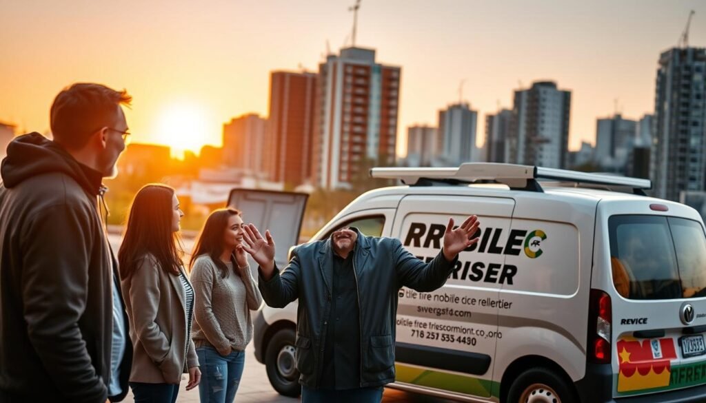 A tranquil cityscape with a group of people standing around a mobile tire repair van, their faces illuminated by a warm glow. In the foreground, a customer gestures enthusiastically, sharing their positive experience with the mobile service. The middle ground features the well-equipped van, its signage and branding prominently displayed. In the background, the setting sun casts a golden hue over the surrounding buildings, creating a sense of comfort and satisfaction. The overall tone conveys a seamless, hassle-free customer experience with the mobile tire repair service. A tranquil cityscape with a group of people standing around a mobile tire repair van, their faces illuminated by a warm glow. In the foreground, a customer gestures enthusiastically, sharing their positive experience with the mobile service. The middle ground features the well-equipped van, its signage and branding prominently displayed. In the background, the setting sun casts a golden hue over the surrounding buildings, creating a sense of comfort and satisfaction. The overall tone conveys a seamless, hassle-free customer experience with the mobile tire repair service.