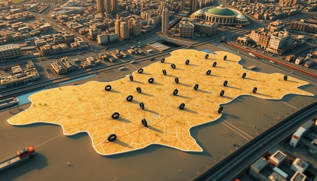 A vast map of the Farwaniya region, rendered in a detailed and vibrant style. The map shows the coverage area of a mobile tire repair service, with various service locations represented by tire icons scattered across the landscape. The background features a realistic depiction of the urban environment, including buildings, streets, and landmarks. The lighting is warm and natural, creating a sense of depth and atmosphere. The perspective is from a bird's-eye view, allowing the viewer to see the full extent of the service coverage. The overall impression is one of comprehensive and reliable mobile tire repair services available throughout the Farwaniya area. A vast map of the Farwaniya region, rendered in a detailed and vibrant style. The map shows the coverage area of a mobile tire repair service, with various service locations represented by tire icons scattered across the landscape. The background features a realistic depiction of the urban environment, including buildings, streets, and landmarks. The lighting is warm and natural, creating a sense of depth and atmosphere. The perspective is from a bird's-eye view, allowing the viewer to see the full extent of the service coverage. The overall impression is one of comprehensive and reliable mobile tire repair services available throughout the Farwaniya area.