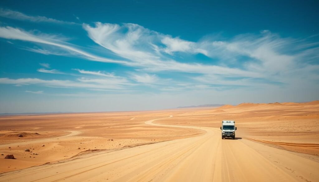 A vast, sun-drenched expanse of desert landscape, dotted with the winding paths of arid highways. In the foreground, a lone vehicle navigates the rugged terrain, its tires kicking up plumes of fine sand. The sky is a breathtaking canvas of azure, with wispy clouds casting gentle shadows across the undulating dunes. The scene captures the essence of a mobile automotive service operating in the remote and challenging regions of Kuwait, ready to provide assistance to those in need, wherever the road may lead. A vast, sun-drenched expanse of desert landscape, dotted with the winding paths of arid highways. In the foreground, a lone vehicle navigates the rugged terrain, its tires kicking up plumes of fine sand. The sky is a breathtaking canvas of azure, with wispy clouds casting gentle shadows across the undulating dunes. The scene captures the essence of a mobile automotive service operating in the remote and challenging regions of Kuwait, ready to provide assistance to those in need, wherever the road may lead.