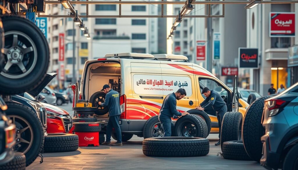 A vibrant and modern mobile tire repair service in Farwaniya, Kuwait. The scene depicts a well-equipped mobile workshop with a team of skilled technicians working on a variety of vehicles. The foreground shows the technicians using specialized tools to inspect and repair tires, while the middle ground showcases the mobile van with its branding and signage. The background features the bustling streets of Farwaniya, with buildings and pedestrians visible, creating a sense of the service's integration within the local community. The lighting is warm and natural, and the overall composition conveys a professional, reliable, and customer-centric atmosphere for the comprehensive mobile tire repair services. A vibrant and modern mobile tire repair service in Farwaniya, Kuwait. The scene depicts a well-equipped mobile workshop with a team of skilled technicians working on a variety of vehicles. The foreground shows the technicians using specialized tools to inspect and repair tires, while the middle ground showcases the mobile van with its branding and signage. The background features the bustling streets of Farwaniya, with buildings and pedestrians visible, creating a sense of the service's integration within the local community. The lighting is warm and natural, and the overall composition conveys a professional, reliable, and customer-centric atmosphere for the comprehensive mobile tire repair services.
