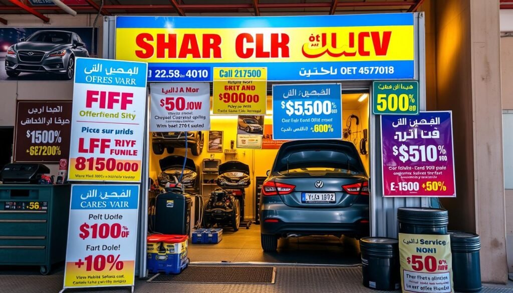 A vibrant display of promotional offers and discounts in a mobile car repair shop in Jahra, Kuwait. The scene features a well-equipped garage unit with specialized tools and equipment, surrounded by an array of colorful signage highlighting the services and pricing. The lighting is warm and inviting, creating a welcoming atmosphere. The composition balances the car repair elements with the promotional graphics, conveying a sense of efficiency and customer-centric focus. The image should captivate and inform viewers about the mobile car repair services available in the Jahra region. A vibrant display of promotional offers and discounts in a mobile car repair shop in Jahra, Kuwait. The scene features a well-equipped garage unit with specialized tools and equipment, surrounded by an array of colorful signage highlighting the services and pricing. The lighting is warm and inviting, creating a welcoming atmosphere. The composition balances the car repair elements with the promotional graphics, conveying a sense of efficiency and customer-centric focus. The image should captivate and inform viewers about the mobile car repair services available in the Jahra region.