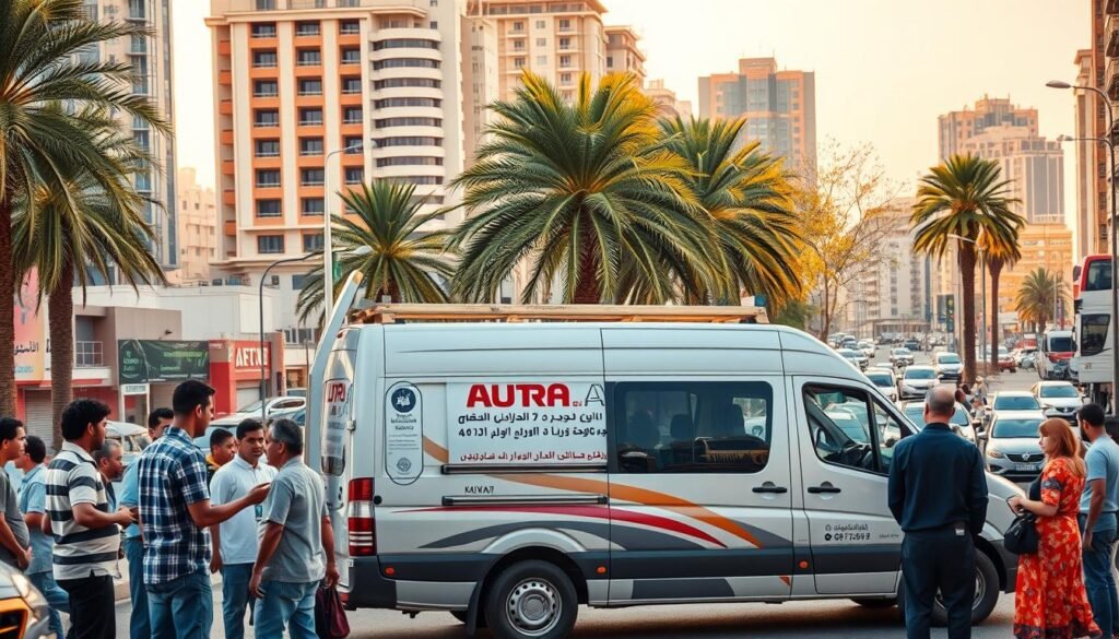 A vibrant urban street scene set in Kuwait's Jahra district, showcasing the diverse experiences of customers interacting with a mobile auto repair shop. The foreground features a group of people gathered around the service van, examining their vehicles and conversing with the mechanics. The middle ground depicts the van's exterior, with its branding and signage prominently displayed. In the background, a bustling city landscape unfolds, with towering buildings, palm trees, and a clear blue sky above, creating a sense of energy and community. The lighting is warm and natural, casting a golden glow across the scene. The overall composition conveys a sense of trust, satisfaction, and the reliable, on-the-go nature of the mobile auto repair service. A vibrant urban street scene set in Kuwait's Jahra district, showcasing the diverse experiences of customers interacting with a mobile auto repair shop. The foreground features a group of people gathered around the service van, examining their vehicles and conversing with the mechanics. The middle ground depicts the van's exterior, with its branding and signage prominently displayed. In the background, a bustling city landscape unfolds, with towering buildings, palm trees, and a clear blue sky above, creating a sense of energy and community. The lighting is warm and natural, casting a golden glow across the scene. The overall composition conveys a sense of trust, satisfaction, and the reliable, on-the-go nature of the mobile auto repair service.