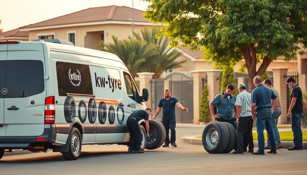 A well-equipped mobile tire repair service operating in Mubarak Al-Kabeer, Kuwait. A modern van adorned with the logo "kw-tyre" pulls up to a residential area, ready to provide on-site tire change and maintenance. The van's side displays images of various tire types. In the foreground, a team of skilled technicians efficiently change a flat tire, while in the background, neighboring homes and lush greenery create a warm, community-focused atmosphere. Soft, diffused natural lighting enhances the scene, conveying a sense of professionalism and customer-centric service. A well-equipped mobile tire repair service operating in Mubarak Al-Kabeer, Kuwait. A modern van adorned with the logo "kw-tyre" pulls up to a residential area, ready to provide on-site tire change and maintenance. The van's side displays images of various tire types. In the foreground, a team of skilled technicians efficiently change a flat tire, while in the background, neighboring homes and lush greenery create a warm, community-focused atmosphere. Soft, diffused natural lighting enhances the scene, conveying a sense of professionalism and customer-centric service.