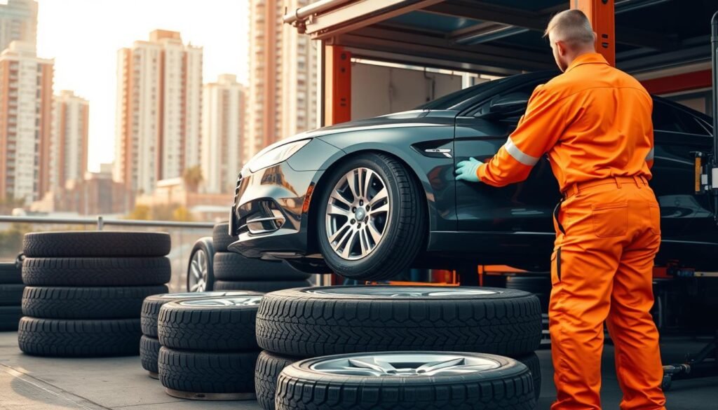 A well-equipped mobile tire repair service station, set against a vibrant urban backdrop. In the foreground, a skilled mechanic in a bright orange uniform diligently replacing a tire on a mid-sized sedan, using specialized tools and equipment. In the middle ground, an assortment of different sized tires and rims are neatly organized, ready to be installed. The background features a series of high-rise buildings, reflecting the bustling city environment. The lighting is warm and natural, casting a soft glow over the scene, conveying a sense of professionalism and efficiency. The overall atmosphere is one of a reliable, on-the-spot tire repair service, catering to the needs of the local community. A well-equipped mobile tire repair service station, set against a vibrant urban backdrop. In the foreground, a skilled mechanic in a bright orange uniform diligently replacing a tire on a mid-sized sedan, using specialized tools and equipment. In the middle ground, an assortment of different sized tires and rims are neatly organized, ready to be installed. The background features a series of high-rise buildings, reflecting the bustling city environment. The lighting is warm and natural, casting a soft glow over the scene, conveying a sense of professionalism and efficiency. The overall atmosphere is one of a reliable, on-the-spot tire repair service, catering to the needs of the local community.