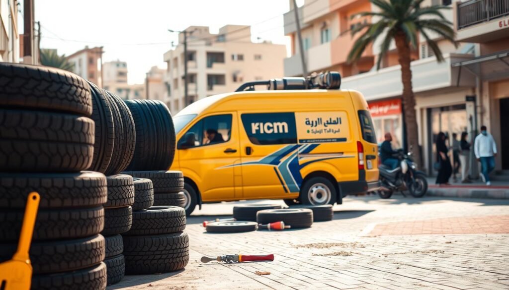 A well-equipped mobile tire repair service stationed in a bustling Kuwaiti neighborhood. In the foreground, an array of tires and tools neatly arranged, conveying a sense of professionalism. The middle ground features a modern, brightly-colored van with the business name prominently displayed, reflecting a reliable and trustworthy service. The background showcases a vibrant urban setting, with buildings and pedestrians in the distance, capturing the energy of the local community. Warm, natural lighting bathes the scene, creating a welcoming and inviting atmosphere. The overall composition emphasizes the convenience and accessibility of the mobile tire repair service, catering to the needs of the local residents. A well-equipped mobile tire repair service stationed in a bustling Kuwaiti neighborhood. In the foreground, an array of tires and tools neatly arranged, conveying a sense of professionalism. The middle ground features a modern, brightly-colored van with the business name prominently displayed, reflecting a reliable and trustworthy service. The background showcases a vibrant urban setting, with buildings and pedestrians in the distance, capturing the energy of the local community. Warm, natural lighting bathes the scene, creating a welcoming and inviting atmosphere. The overall composition emphasizes the convenience and accessibility of the mobile tire repair service, catering to the needs of the local residents.