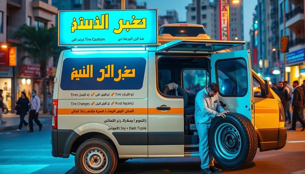 A well-equipped mobile tire repair shop, its signage prominently displaying "بنشر متنقل الفروانية" in bold Arabic calligraphy. The van, parked on a bustling street, its side panel showcasing the range of services offered - from tire changes to puncture repairs. The technician, dressed in a clean uniform, expertly inspects a customer's tire, conveying a sense of professionalism and efficiency. The scene is illuminated by warm, natural lighting that casts a soft glow, creating an inviting atmosphere. The background features the vibrant cityscape of Farwaniya, with its diverse buildings and busy pedestrian traffic, emphasizing the mobile nature of this tire repair service. A well-equipped mobile tire repair shop, its signage prominently displaying "بنشر متنقل الفروانية" in bold Arabic calligraphy. The van, parked on a bustling street, its side panel showcasing the range of services offered - from tire changes to puncture repairs. The technician, dressed in a clean uniform, expertly inspects a customer's tire, conveying a sense of professionalism and efficiency. The scene is illuminated by warm, natural lighting that casts a soft glow, creating an inviting atmosphere. The background features the vibrant cityscape of Farwaniya, with its diverse buildings and busy pedestrian traffic, emphasizing the mobile nature of this tire repair service.