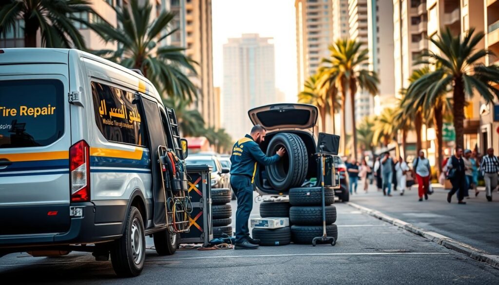 A well-equipped mobile tire repair shop on the streets of Farwaniya, Kuwait. The foreground features a van with a distinctive sign "بنشر متنقل الفروانية" (Mobile Tire Repair Farwaniya) parked prominently. The middle ground shows a technician expertly changing a tire, surrounded by an array of tools and equipment. The background captures the bustling urban setting, with tall buildings, palm trees, and pedestrians in the distance. The lighting is warm and natural, casting a comfortable ambiance over the scene. The composition highlights the convenience and efficiency of this mobile tire repair service, emphasizing its advantages over traditional brick-and-mortar shops. A well-equipped mobile tire repair shop on the streets of Farwaniya, Kuwait. The foreground features a van with a distinctive sign "بنشر متنقل الفروانية" (Mobile Tire Repair Farwaniya) parked prominently. The middle ground shows a technician expertly changing a tire, surrounded by an array of tools and equipment. The background captures the bustling urban setting, with tall buildings, palm trees, and pedestrians in the distance. The lighting is warm and natural, casting a comfortable ambiance over the scene. The composition highlights the convenience and efficiency of this mobile tire repair service, emphasizing its advantages over traditional brick-and-mortar shops.