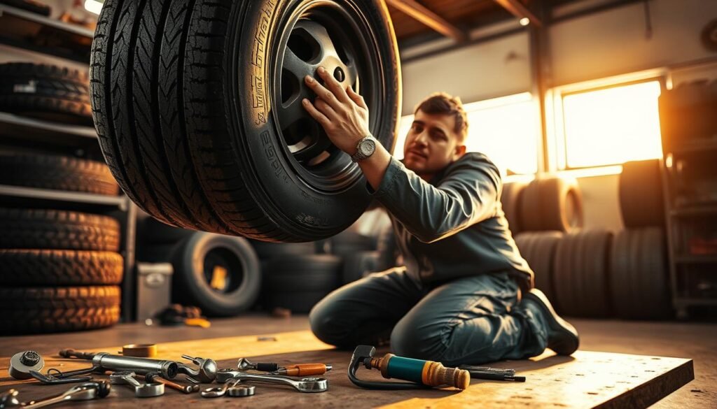 A well-lit garage workshop, with a mechanic kneeling beside a raised car tire. The tire's tread is worn, and the mechanic's hands are deftly inspecting the rubber, searching for punctures or damage. Scattered around are tools - wrenches, pliers, and a tire inflator - all neatly organized on a workbench. The lighting is a warm, golden hue, casting a cozy glow over the scene. In the background, shelves hold an array of replacement tires, their sidewalls gleaming. The atmosphere is one of focused expertise, as the mechanic prepares to swiftly and skillfully repair the tire, getting the car back on the road. A well-lit garage workshop, with a mechanic kneeling beside a raised car tire. The tire's tread is worn, and the mechanic's hands are deftly inspecting the rubber, searching for punctures or damage. Scattered around are tools - wrenches, pliers, and a tire inflator - all neatly organized on a workbench. The lighting is a warm, golden hue, casting a cozy glow over the scene. In the background, shelves hold an array of replacement tires, their sidewalls gleaming. The atmosphere is one of focused expertise, as the mechanic prepares to swiftly and skillfully repair the tire, getting the car back on the road.