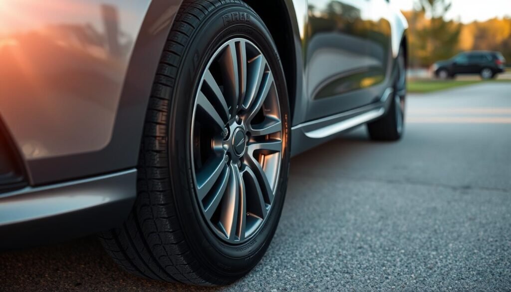 A well-maintained tire on a sleek, modern car under soft, warm lighting. The tire's tread is crisp and clear, showcasing its optimal condition. The vehicle is parked on a clean, paved surface, surrounded by a serene, natural landscape. The scene conveys a sense of care and attention to detail, emphasizing the importance of tire maintenance for safe and reliable transportation. A well-maintained tire on a sleek, modern car under soft, warm lighting. The tire's tread is crisp and clear, showcasing its optimal condition. The vehicle is parked on a clean, paved surface, surrounded by a serene, natural landscape. The scene conveys a sense of care and attention to detail, emphasizing the importance of tire maintenance for safe and reliable transportation.