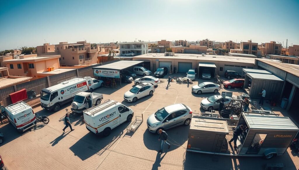 A wide-angle view of a mobile auto repair service hub in the Jahra region of Kuwait. The scene depicts a bustling outdoor workspace with a fleet of service vehicles, technicians working on various car models, and a well-equipped mobile workshop setup. The background features a mix of residential and commercial buildings, indicating the diverse coverage area. Bright sunlight casts long shadows, creating a sense of depth and activity. The overall composition conveys the comprehensive nature of the mobile auto repair service, catering to the needs of the local Jahra community. A wide-angle view of a mobile auto repair service hub in the Jahra region of Kuwait. The scene depicts a bustling outdoor workspace with a fleet of service vehicles, technicians working on various car models, and a well-equipped mobile workshop setup. The background features a mix of residential and commercial buildings, indicating the diverse coverage area. Bright sunlight casts long shadows, creating a sense of depth and activity. The overall composition conveys the comprehensive nature of the mobile auto repair service, catering to the needs of the local Jahra community.