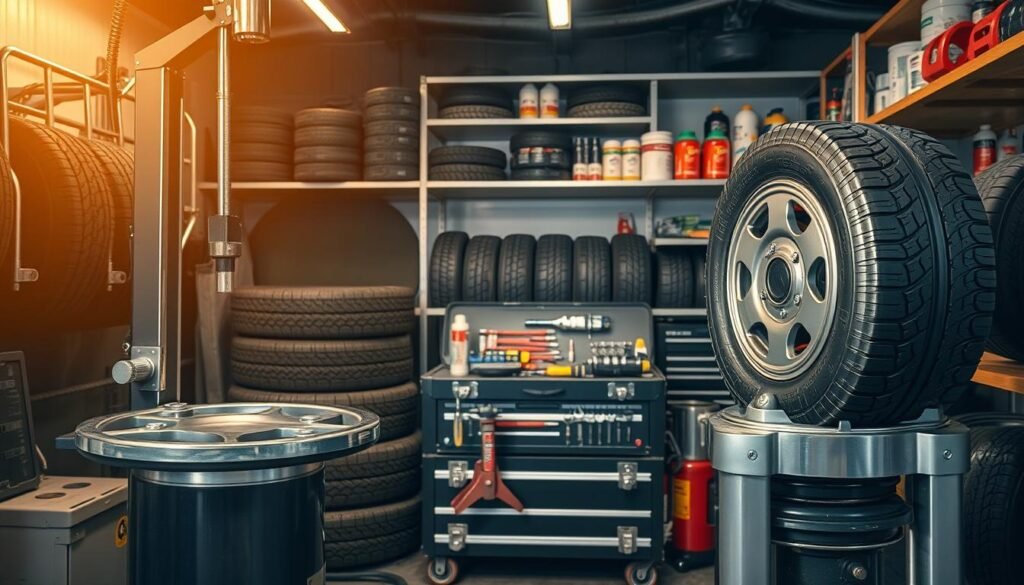 A workshop interior filled with an array of modern tire repair equipment. In the foreground, a tire changer and balancer stand ready, their metal frames and interfaces gleaming under the warm studio lighting. In the middle ground, a pneumatic jack and an assortment of specialized tools are neatly organized on a toolbox, hinting at the technical expertise required for mobile tire service. The background reveals shelves stocked with replacement tires, lubricants, and other repair supplies, creating a sense of a well-equipped mobile tire shop. The overall scene conveys the idea of a comprehensive, professional tire repair setup designed to handle a wide range of roadside emergencies with efficiency and precision. A workshop interior filled with an array of modern tire repair equipment. In the foreground, a tire changer and balancer stand ready, their metal frames and interfaces gleaming under the warm studio lighting. In the middle ground, a pneumatic jack and an assortment of specialized tools are neatly organized on a toolbox, hinting at the technical expertise required for mobile tire service. The background reveals shelves stocked with replacement tires, lubricants, and other repair supplies, creating a sense of a well-equipped mobile tire shop. The overall scene conveys the idea of a comprehensive, professional tire repair setup designed to handle a wide range of roadside emergencies with efficiency and precision.