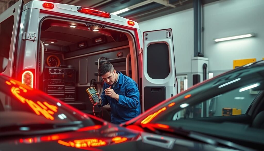 An automotive electrical diagnostic and repair scene. A mechanic in a blue uniform examines a car's dashboard using a multimeter, while a mobile mechanic van is parked nearby, its neon signage casting a warm glow over the scene. The van's open rear door reveals an array of tools and equipment for comprehensive on-site vehicle maintenance. The environment is well-lit, with a mix of natural and artificial lighting, conveying a sense of professionalism and expertise. The overall atmosphere is one of efficiency and problem-solving, capturing the essence of a mobile automotive electrical service. An automotive electrical diagnostic and repair scene. A mechanic in a blue uniform examines a car's dashboard using a multimeter, while a mobile mechanic van is parked nearby, its neon signage casting a warm glow over the scene. The van's open rear door reveals an array of tools and equipment for comprehensive on-site vehicle maintenance. The environment is well-lit, with a mix of natural and artificial lighting, conveying a sense of professionalism and expertise. The overall atmosphere is one of efficiency and problem-solving, capturing the essence of a mobile automotive electrical service.