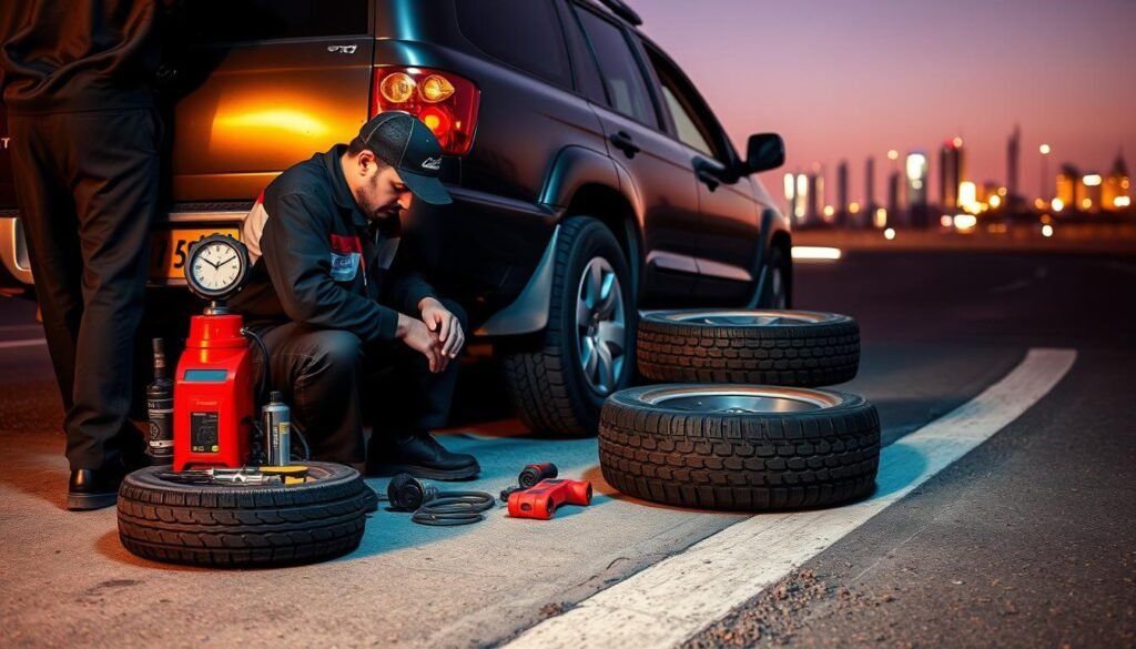 An image of a mobile tire repair service in Kuwait, featuring a technician using specialized tools to fix a flat tire on the side of the road. The foreground shows the technician in his uniform, surrounded by a variety of tire repair equipment. The middle ground depicts the vehicle with the flat tire, with the Kuwait skyline visible in the background. The scene is illuminated by warm, natural lighting, conveying a sense of professionalism and reliable service. The overall mood is one of efficiency and problem-solving, reflecting the "Mubarak Mobile Tire Repair" service's ability to address various tire-related issues promptly and effectively. An image of a mobile tire repair service in Kuwait, featuring a technician using specialized tools to fix a flat tire on the side of the road. The foreground shows the technician in his uniform, surrounded by a variety of tire repair equipment. The middle ground depicts the vehicle with the flat tire, with the Kuwait skyline visible in the background. The scene is illuminated by warm, natural lighting, conveying a sense of professionalism and reliable service. The overall mood is one of efficiency and problem-solving, reflecting the "Mubarak Mobile Tire Repair" service's ability to address various tire-related issues promptly and effectively.