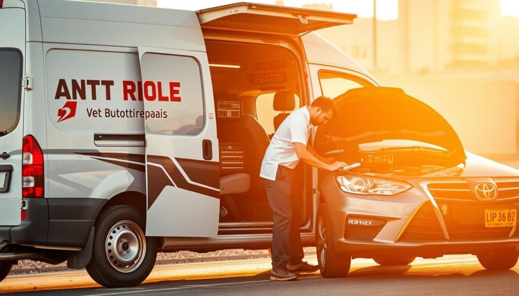 Sleek and modern mobile auto repair service in Kuwait, showcasing a well-equipped van with state-of-the-art tools and a skilled technician tending to a customer's vehicle on the roadside. The scene is bathed in warm, golden sunlight, conveying a sense of professionalism and reliability. The van's exterior features prominent signage and branding, clearly communicating the mobile nature of the service. The technician, dressed in a clean uniform, is intently focused on the task at hand, exuding expertise and dedication. The surrounding environment is minimal yet conveys a sense of urban setting, emphasizing the convenience and accessibility of this mobile auto repair solution. Sleek and modern mobile auto repair service in Kuwait, showcasing a well-equipped van with state-of-the-art tools and a skilled technician tending to a customer's vehicle on the roadside. The scene is bathed in warm, golden sunlight, conveying a sense of professionalism and reliability. The van's exterior features prominent signage and branding, clearly communicating the mobile nature of the service. The technician, dressed in a clean uniform, is intently focused on the task at hand, exuding expertise and dedication. The surrounding environment is minimal yet conveys a sense of urban setting, emphasizing the convenience and accessibility of this mobile auto repair solution.